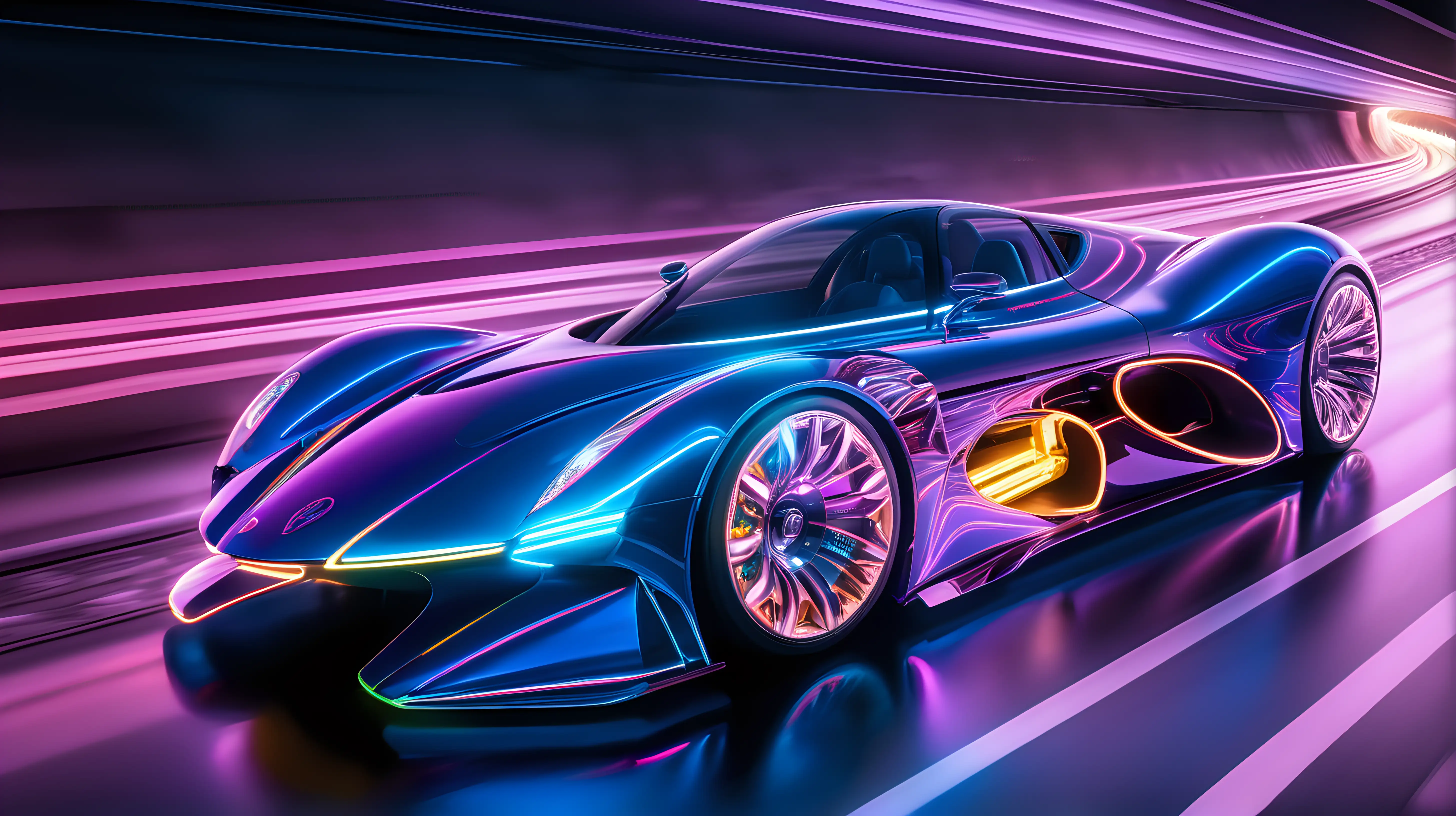 A dynamic image of a futuristic car bursting out of a tunnel with blazing speed, illuminated by the neon lights reflecting off its polished surface, creating a mesmerizing visual for wallpaper enthusiasts.