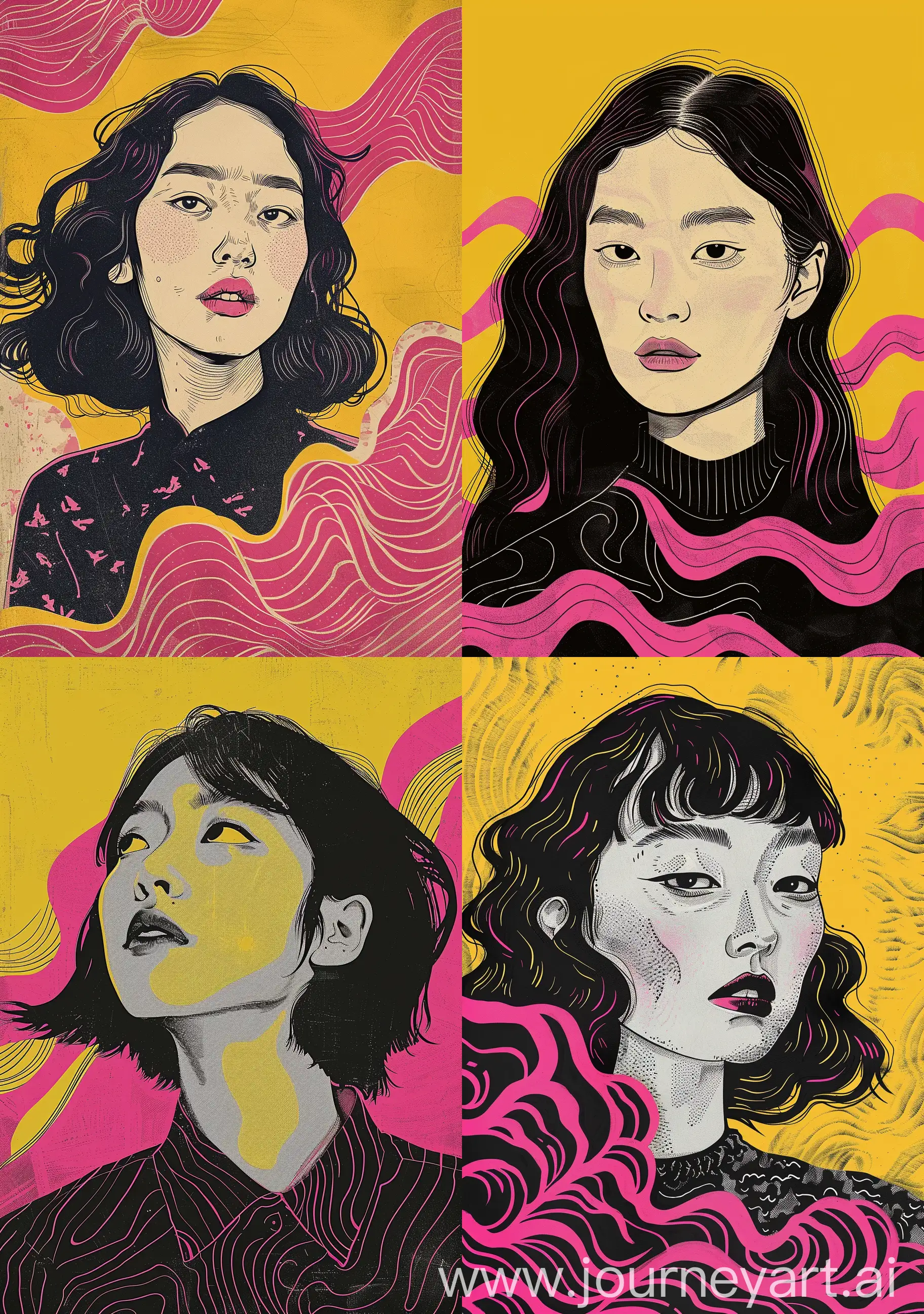 kathy kuo as an illustration for stocksy united, in the style of felix vallotton, dark yellow and pink, black and white portraits, vintage comic style, vibrant portraits, sophisticated woodblock, wavy --ar 45:64 --v 6.0 --style raw