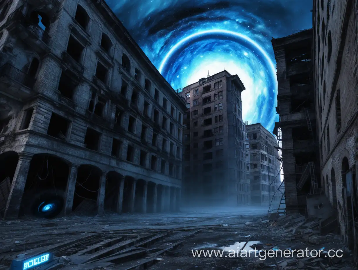 Blue-and-Black-Hued-Abandoned-Buildings-with-Swirling-Black-Hole