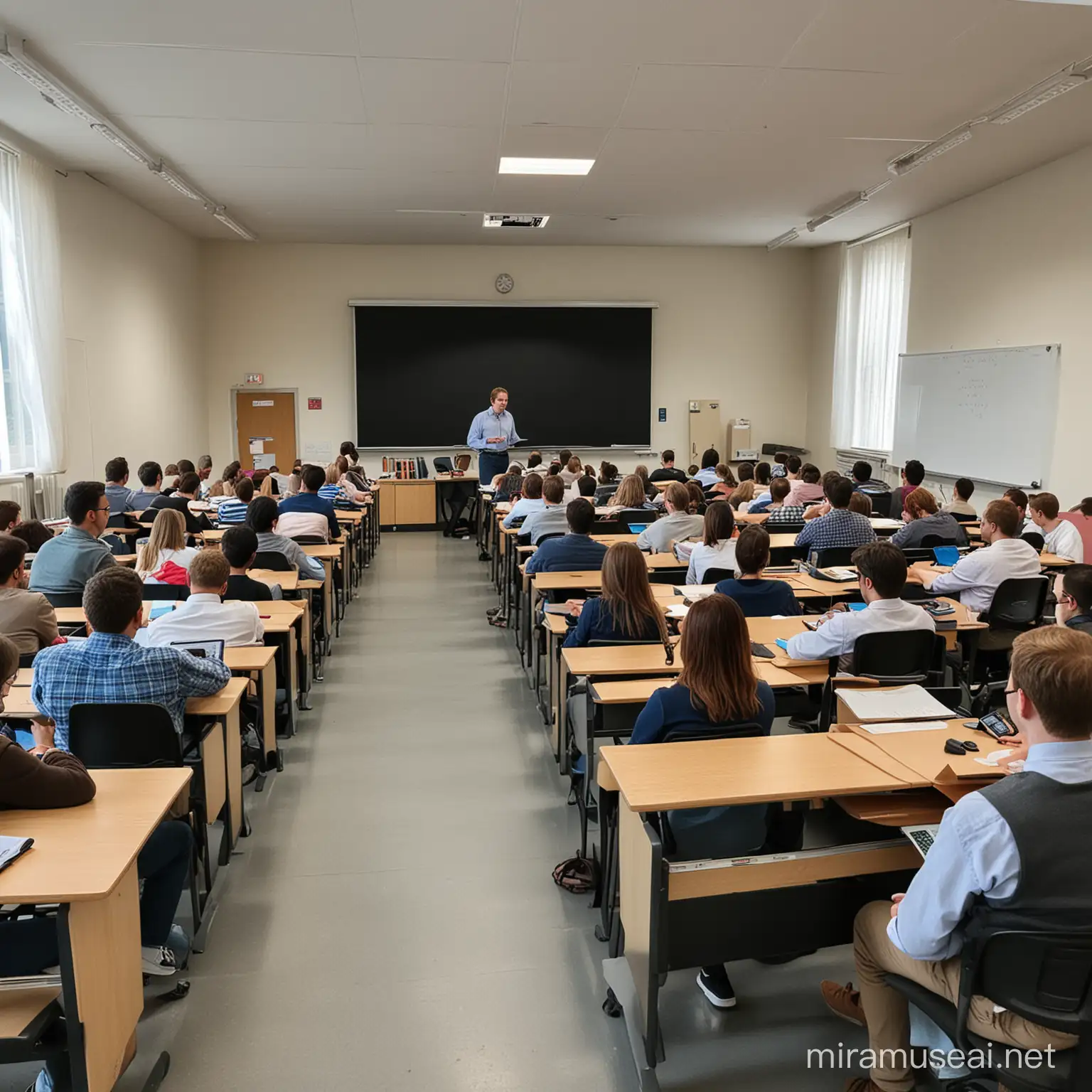 I want a photo of the university class where the professor is teaching about software in the doctoral degree. I want the photo to be from the perspective of a student, that is, as if you were sitting in class and watching the professor teach. The angle of the photo should be as if you were sitting behind the bench and watching the class. I want to see the class from a student's point of view