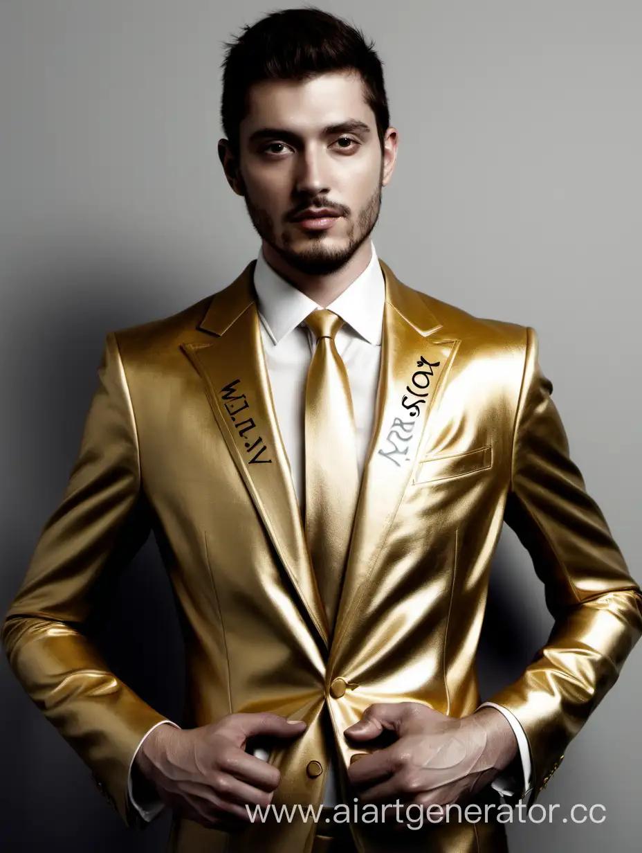 Нарисуй мужчину в костюме из золота с надписью MELLSTROY