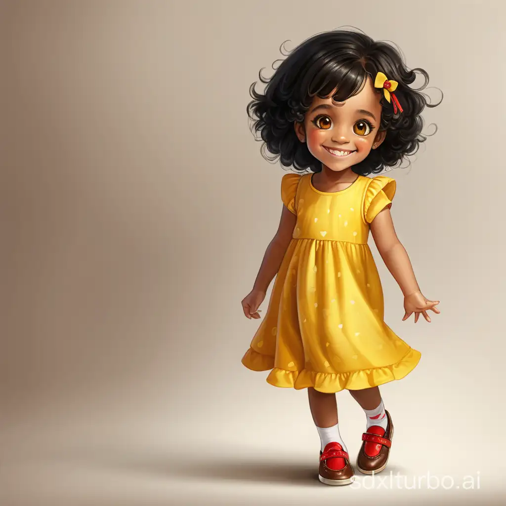 Little child girl, dress yellow, red shoes, smile, black hair, brown eyes, brown skin