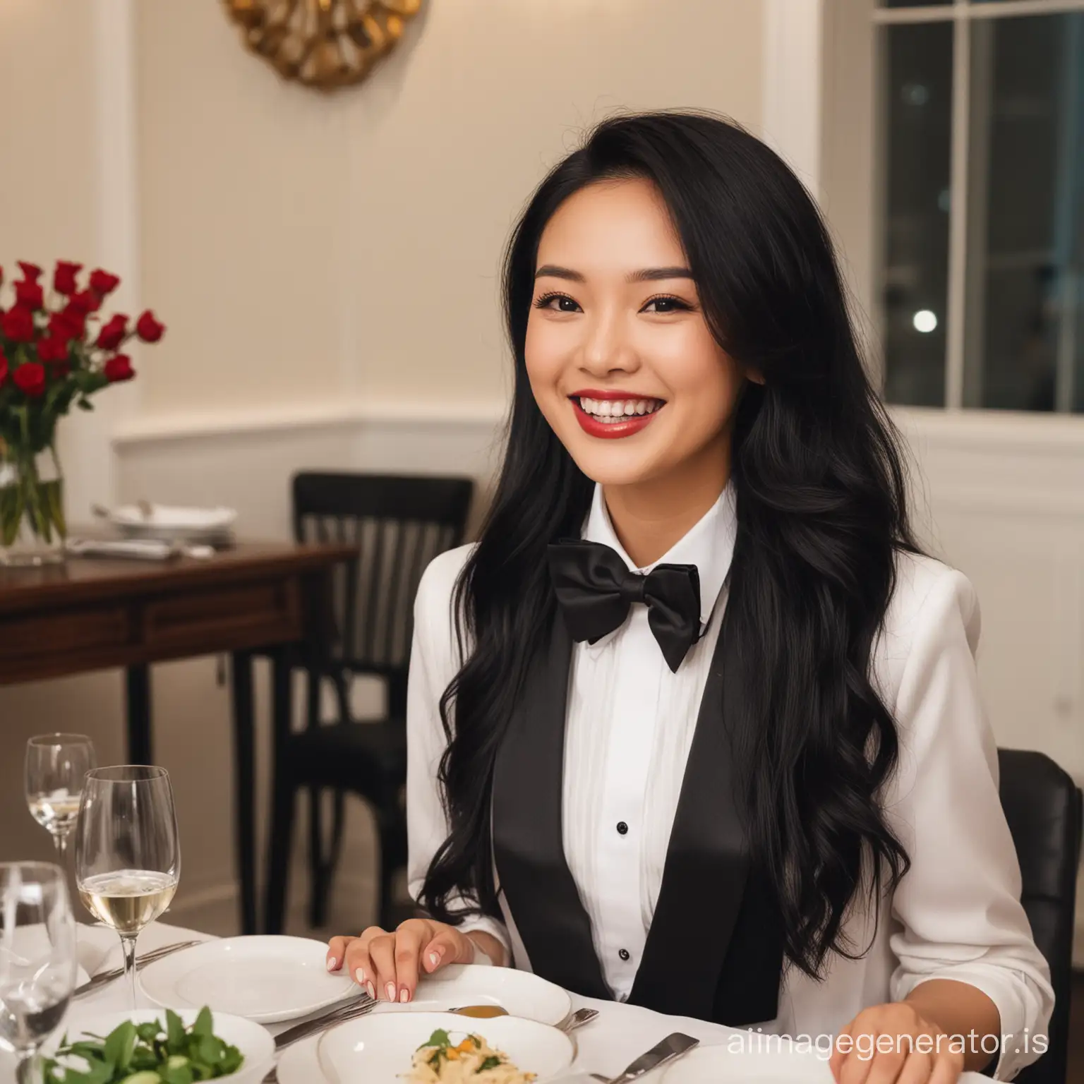 25 year old smiling and laughing Vietnamese lady with long black hair and lipstick wearing a tuxedo with a black bow tie and cufflinks. She is at a dinner table.