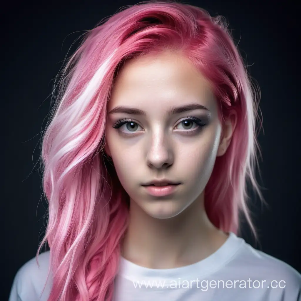 Красивая девушка без макияжа 23 лет, с розовыми волосами, в стиле нанопанк