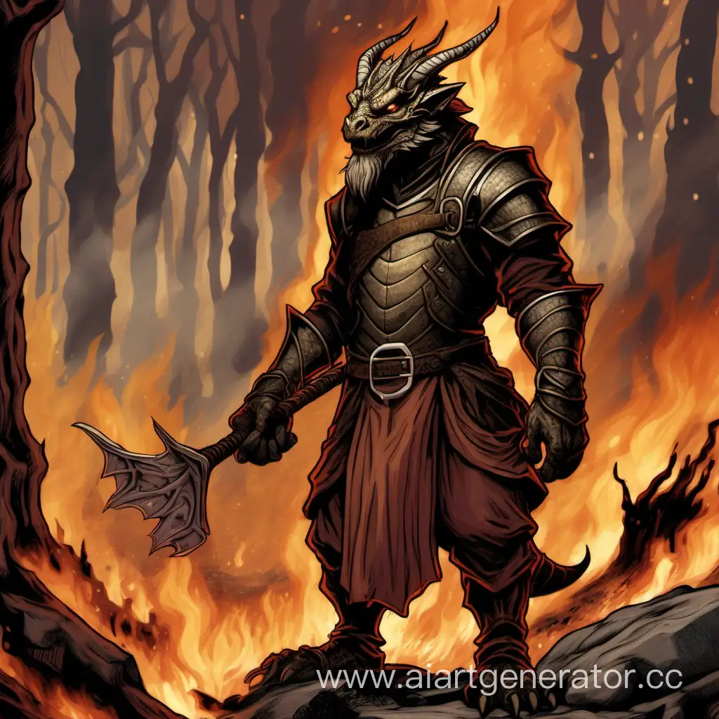 Драконорождённый из днд с пузом и бородой на фоне горящего леса