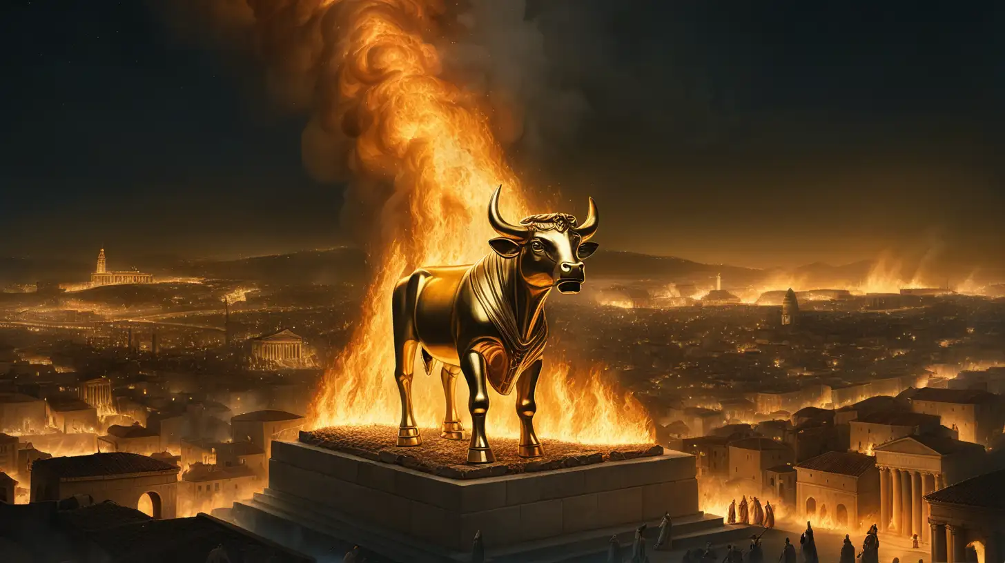 epoque biblique, la nuit, une ville en feu, toute la ville  brule, au loin une grande idole en or avec tête de veau en feu