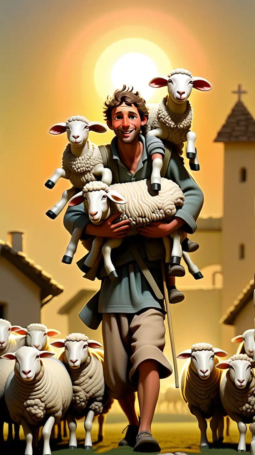 Joyful Shepherd Carrying a Sheep at Dawn
