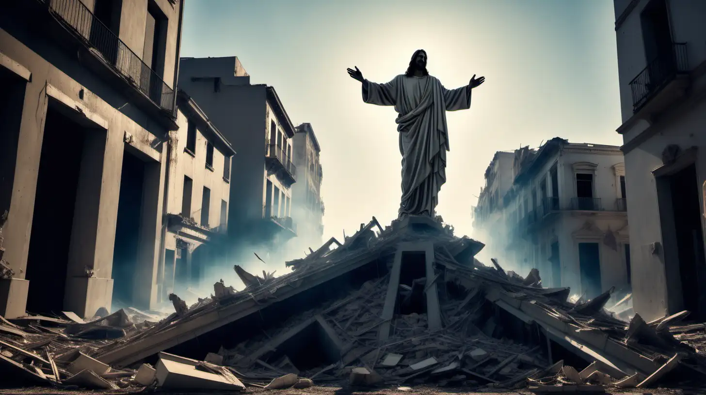 photographs of the destroyed city and the apparition of a levitating Jesus Christ, cinematic lighting,  extreme low angle 