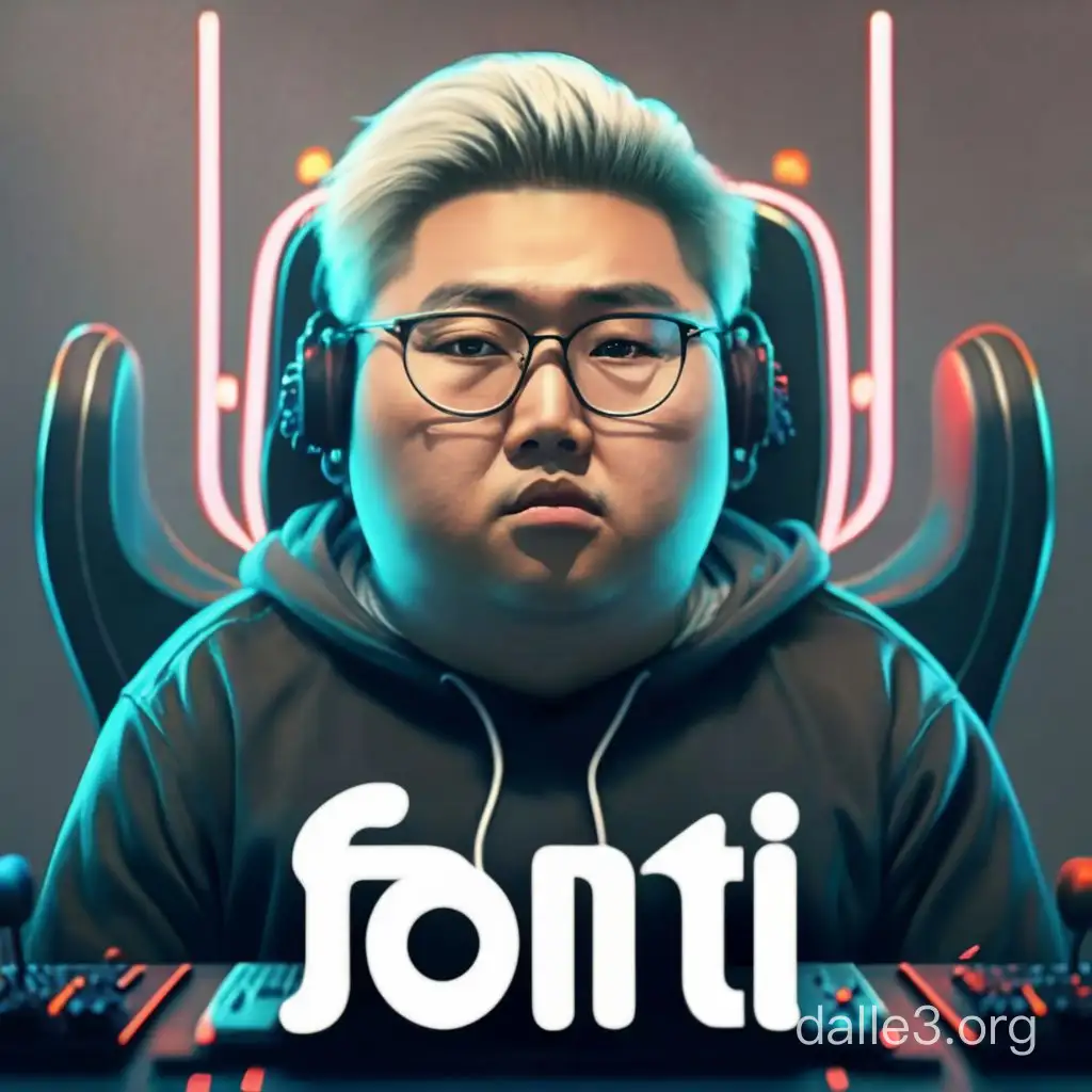 asian man, young, long hair, white hair, highlighted hair, fat, super fat, big nose, gamer. round glasses, sitting in front of pc,  text "FONTI", 