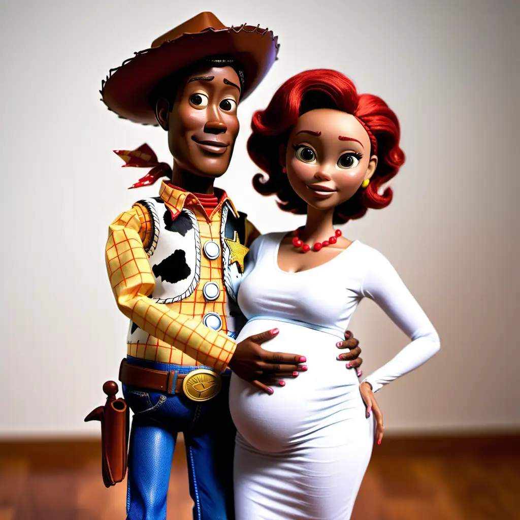 black couple, female is pregnant wearing an outfit similar to Jesse from Toy Story, male wearing an outfit similar to Woody from Toy Story 