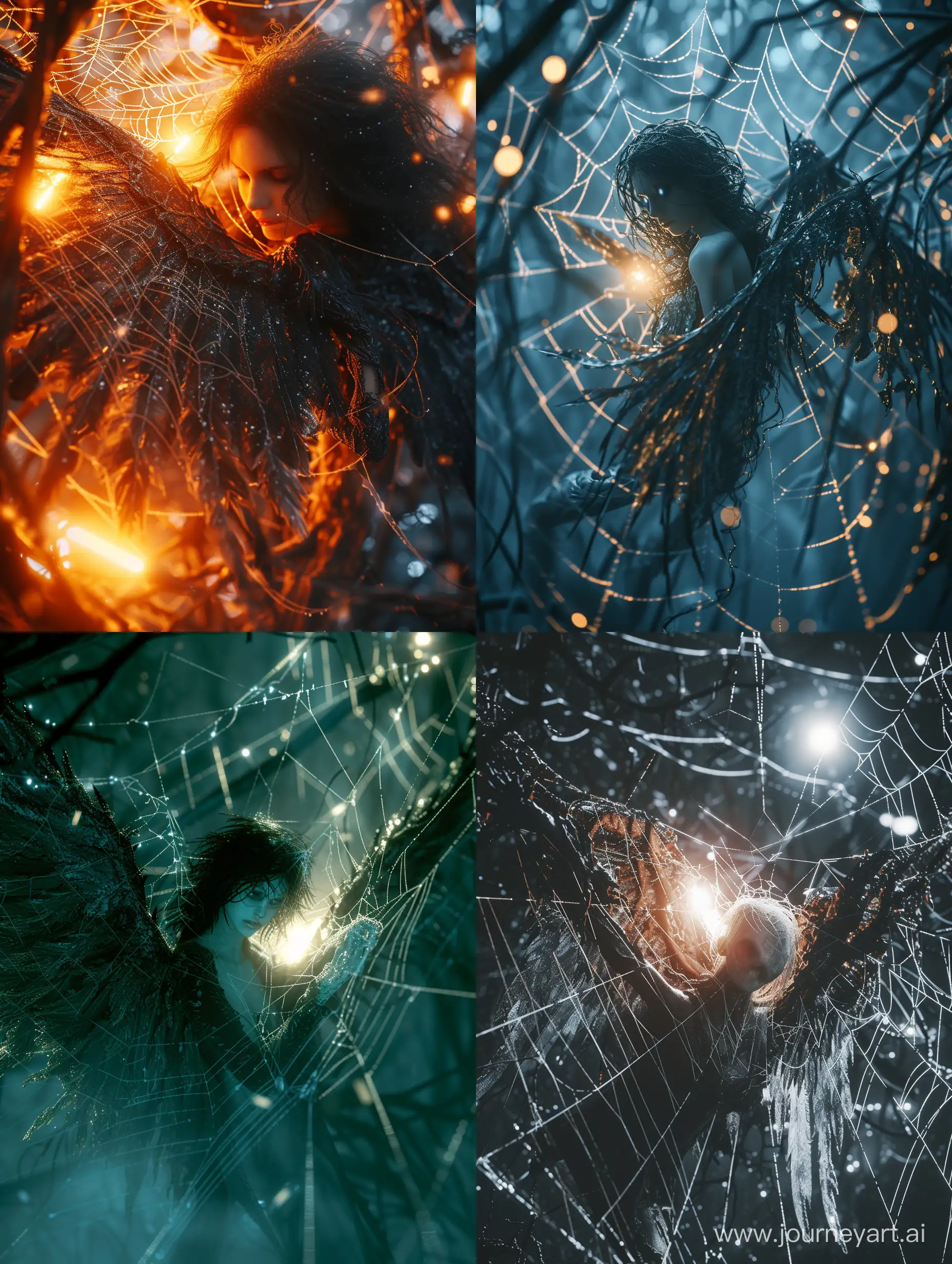 Dark-Fantasy-Illustration-Luminous-Demonic-Winged-Woman-Ensnared-in-Spiderweb