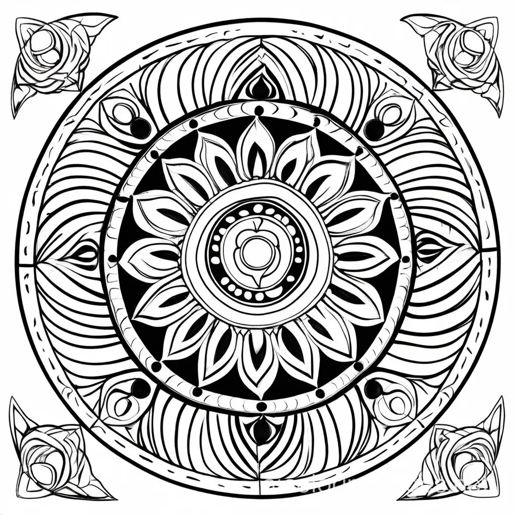 Mandala: "In meiner Mitte finde ich Ruhe.", Coloring Page, black and white, line art, white background, Simplicity, Ample White Space. The background of the coloring page is plain white to make it easy for young children to color within the lines. The outlines of all the subjects are easy to distinguish, making it simple for kids to color without too much difficulty