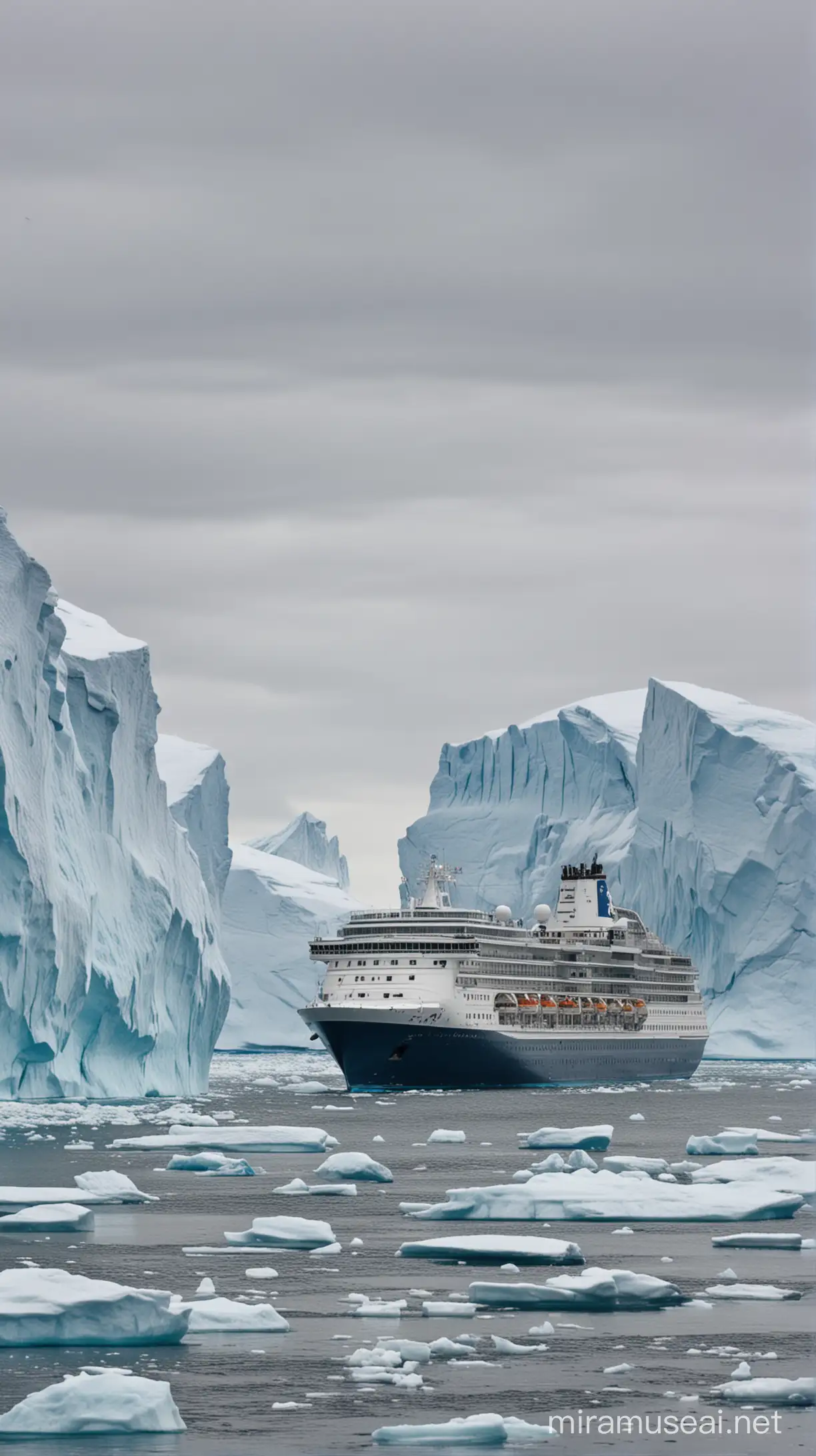 Cruise Ship Passing Icebergs in Close Proximity