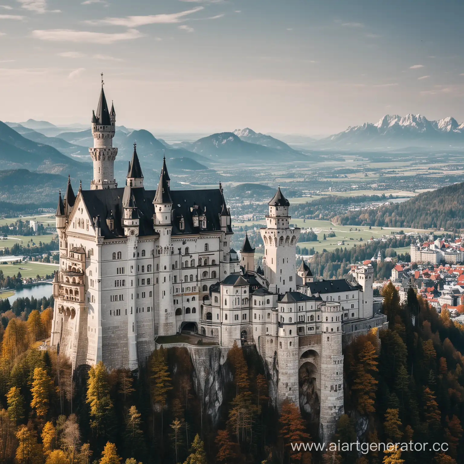 schloss neuschwanstein surrounded by a modern city