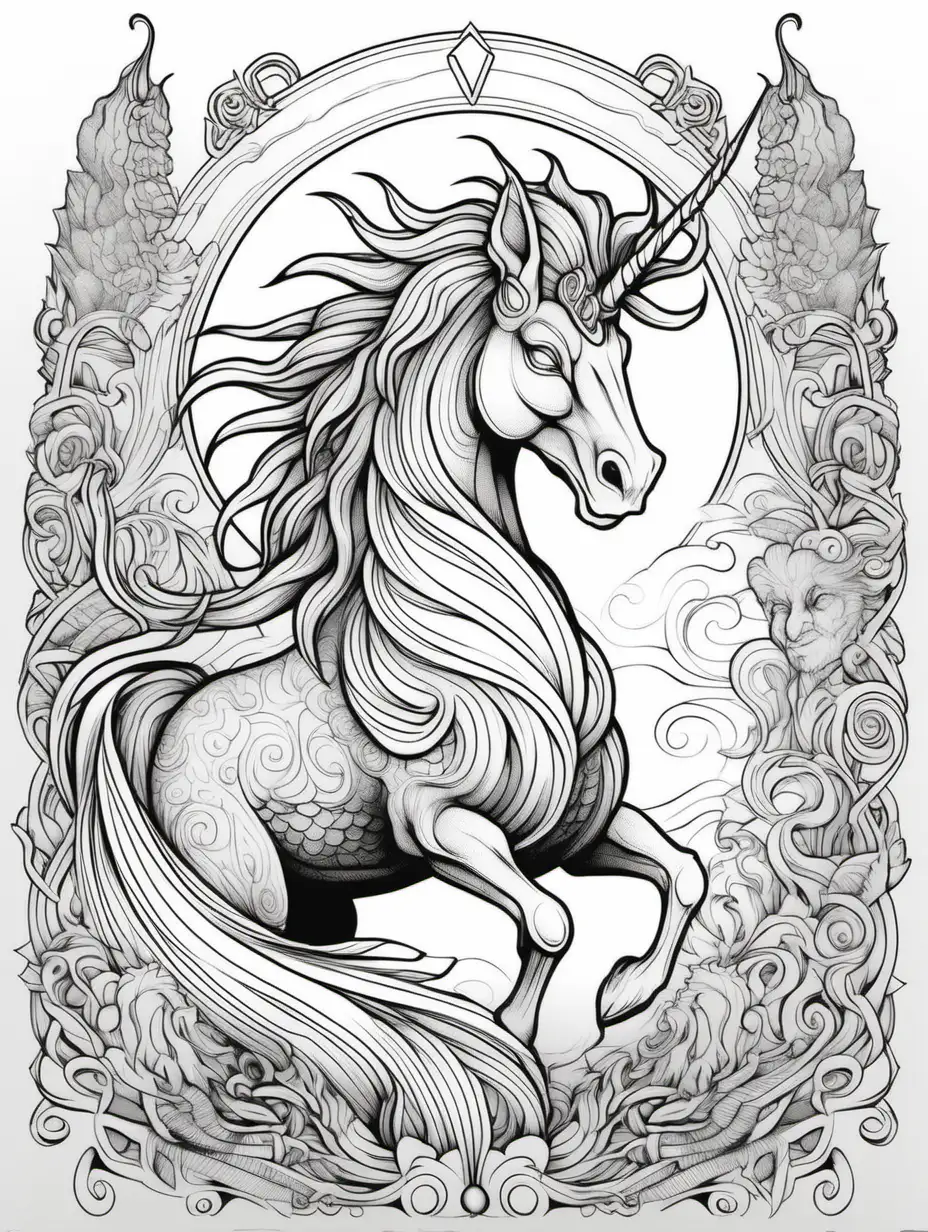 mythical creature, line drawing, coloring book page, no shading
