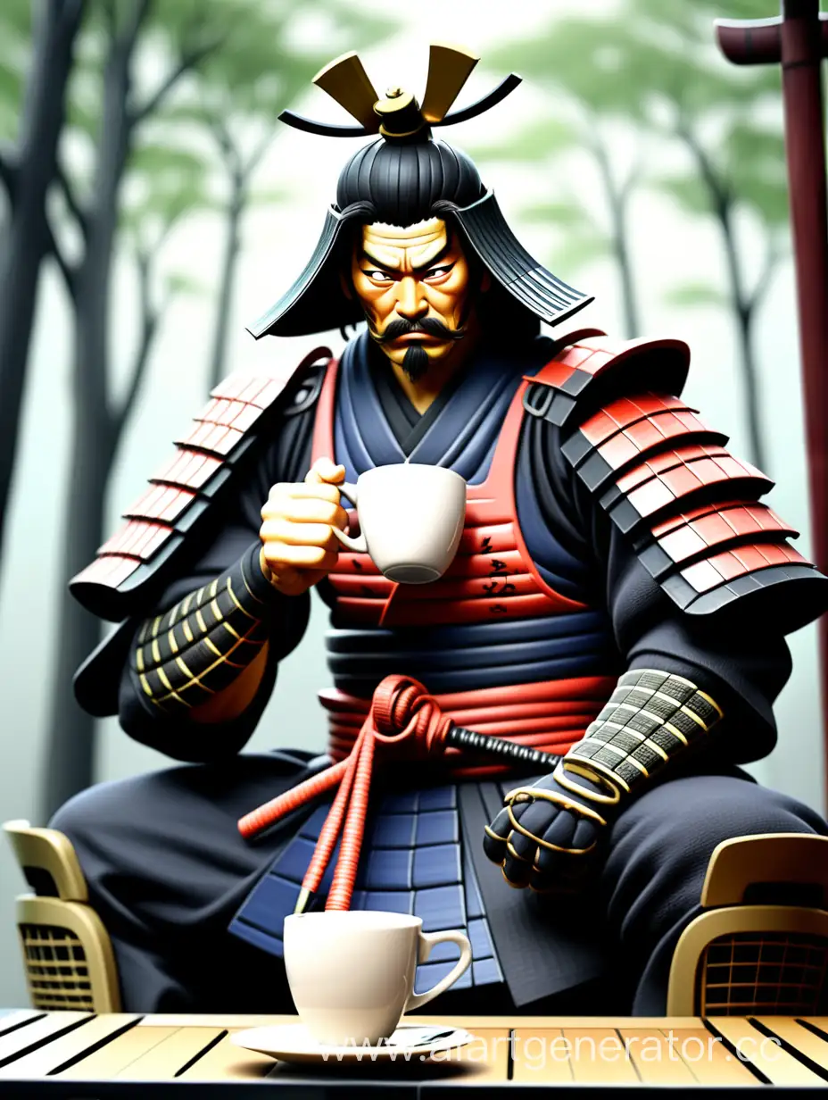самурай пьет кофе