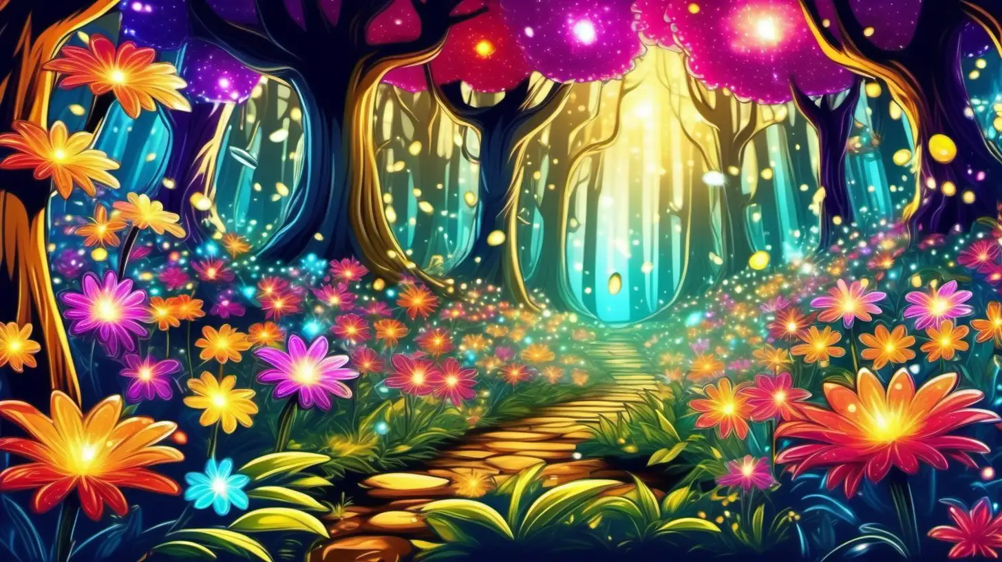in cartoon style, a magical garden filled with luminescent  flowers that sparkle with glittery colors in an ancient magical enchanted forest, giant trees, beautiful flowers, with lots of vibrant color, a dynamic scene