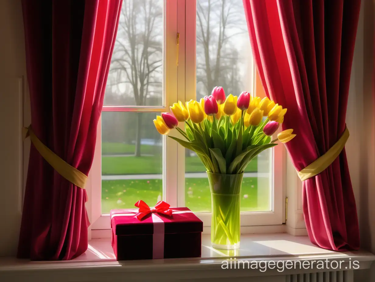 yellow bouquet of tulips against the backdrop of a window in a palace overlooking a green lawn with a pond bright rays in contre-jour lighting beautiful rich red curtains on either side of the window. on the windowsill lies a velvet pink gift box with a bow