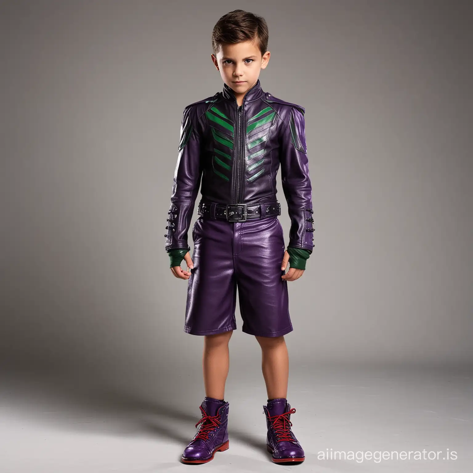Create a villain outfit for a strong 8 year old boy villain with abs, cool, wicked, leather, shorts, comfortable yet intimidating, various shades of purple with hints of both green and red, both red and green should be included in every outfit but purple should be the main color, the shoes should also be coloured and match the outfit