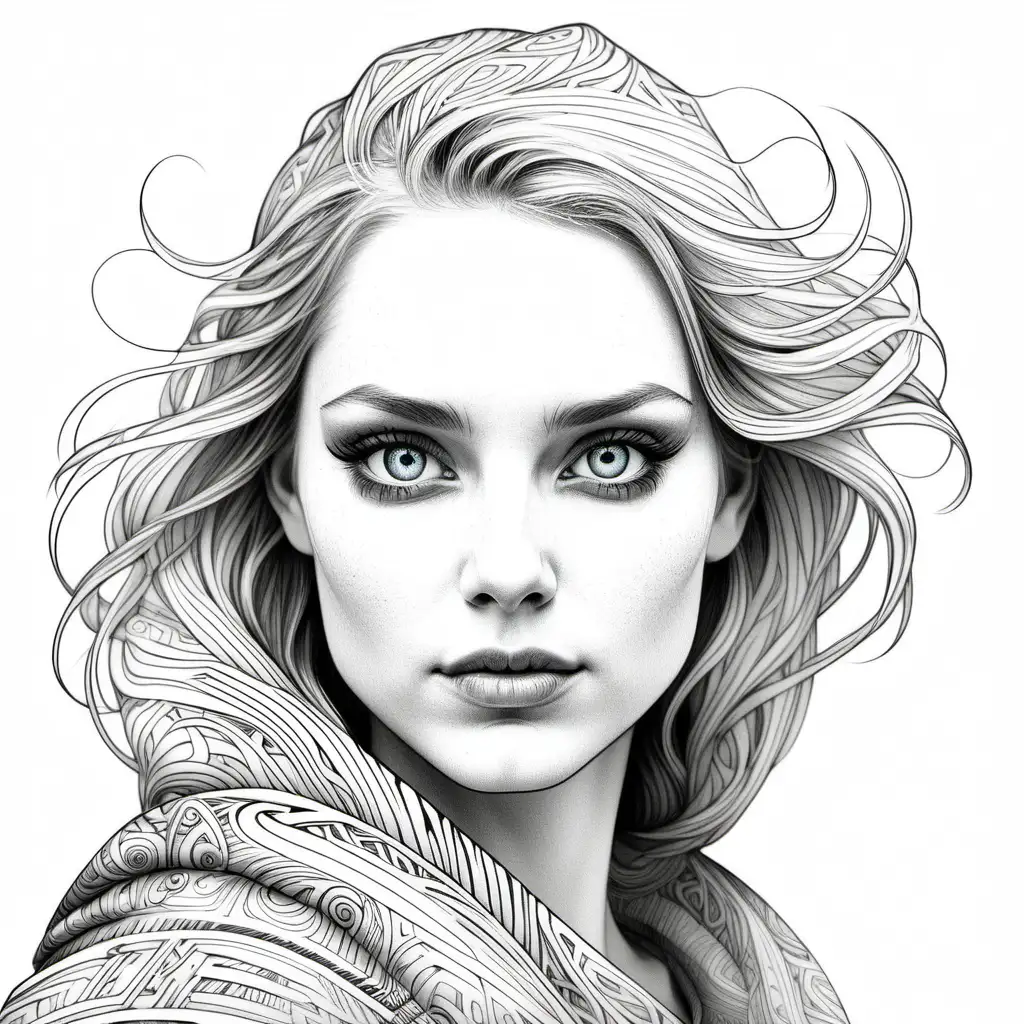 A stylized penned drawing of a beautiful Icelandic woman, very detailed eyes, great line work, concept art, head and shoulders, 3/4 pose