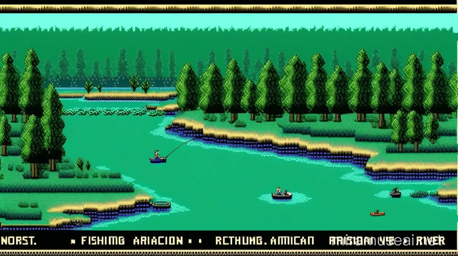 pixelated main menu panel from retro 8bit videogame about fishing in north american river with blue/greenish colors