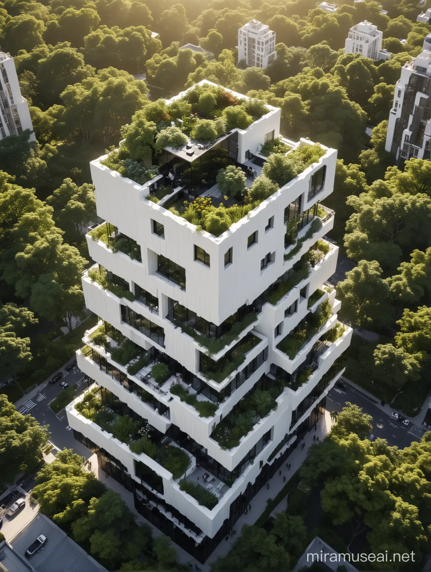 Eco-friendly,  tower, terraced building with lush rooftop gardens and fluid lines, white plaster, sublime and visionary, at the central park, many cubic black glass, designed by  modern,  32k , drone view, with clouds hyper- realistic photo, cinematic light, sunset with people, with lush