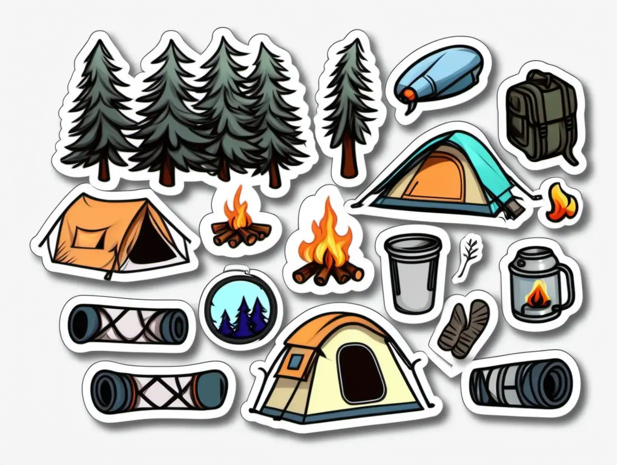 /imagine prompt:camping aesthetic stickers, Sticker, Enthusiastic, Soft Color, Cartoon, Contour, Vector, White Background, Detailed
