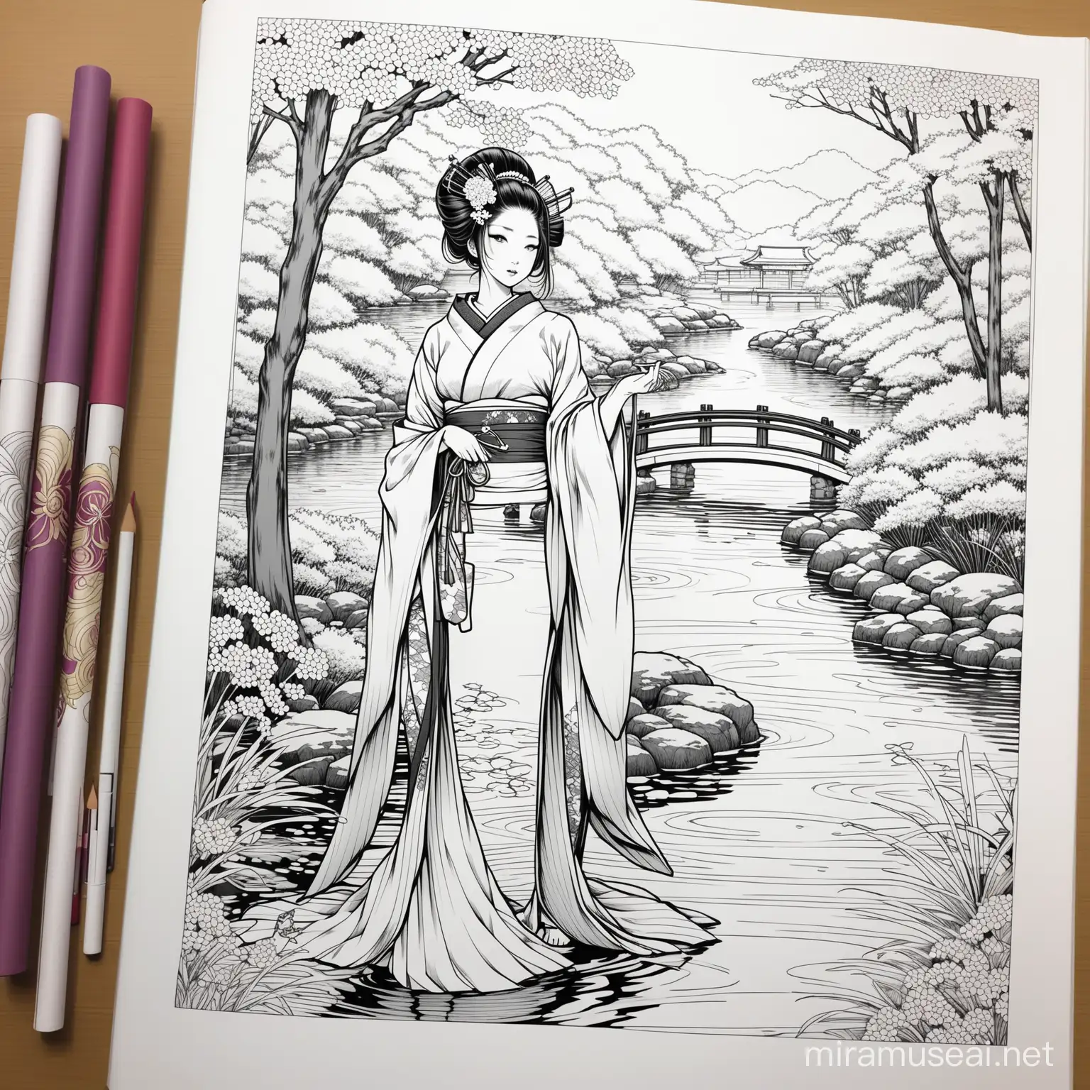 A GEISHA WITH A MAGNIFICIENT KIMONO BESIDE A BEAUTIFUL POND 
 WITH THE KIMONO AS THE FOCAL POINT OF THE IMAGE COLORING BOOK PAGE NOT COLORED YET