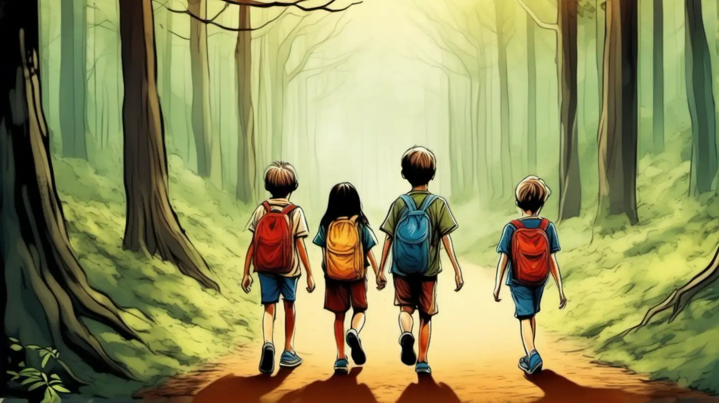illustrate  ten years old  3 kids walking into forest, day time, 