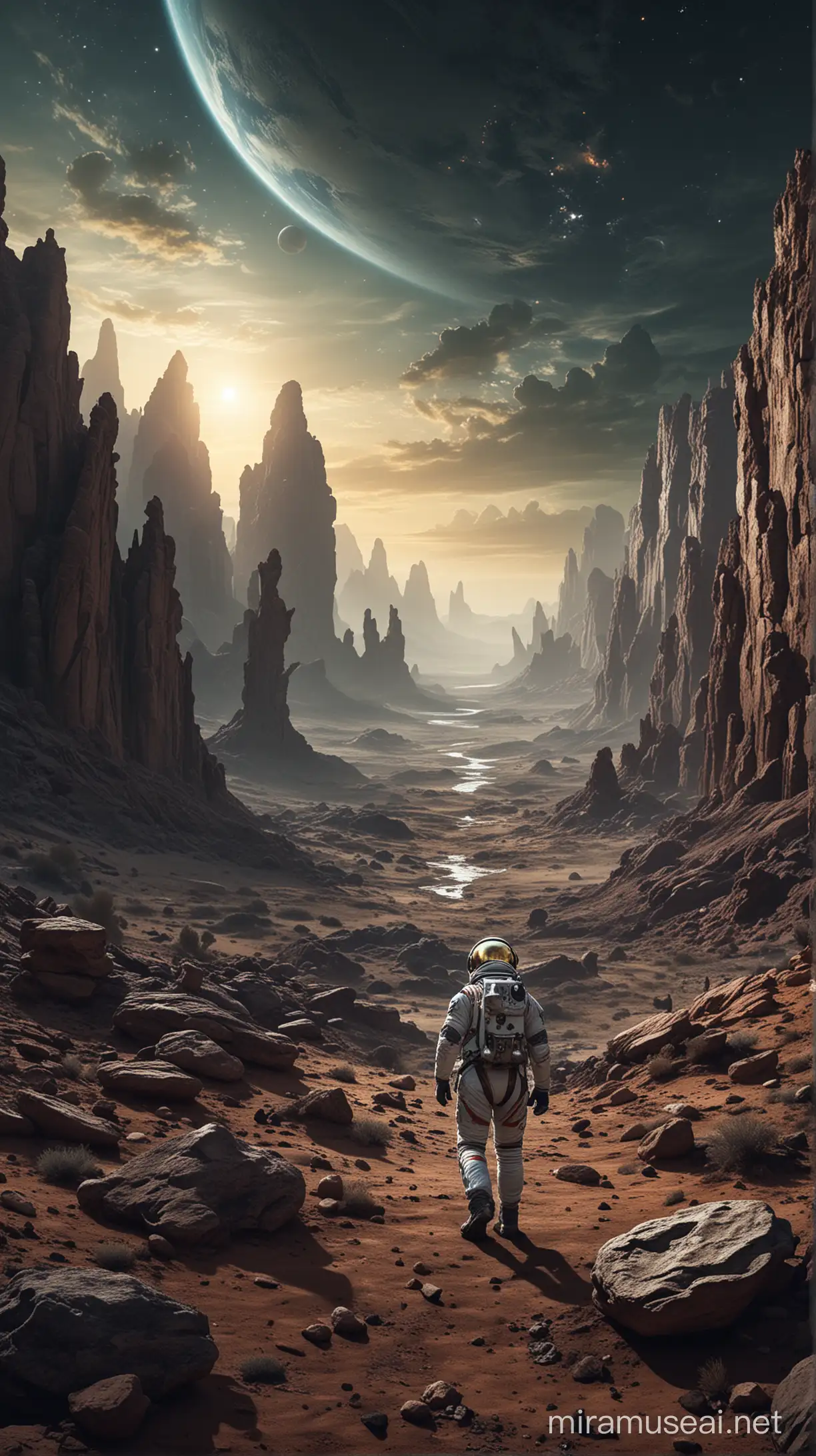 Create a captivating scene depicting an astronaut stranded on a mysterious and alien world. Show the astronaut standing amidst an otherworldly landscape, surrounded by bizarre rock formations, strange flora, and unfamiliar terrain stretching into the distance. Depict the astronaut's spacesuit illuminated by the glow of their helmet lights, casting long shadows in the eerie twilight of the alien planet. Capture the astronaut's sense of isolation and vulnerability as they survey their surroundings, their expression a mix of awe, fear, and determination. Include subtle hints of alien wildlife or ancient ruins in the background, hinting at the planet's secrets and dangers. Ensure that the scene conveys the sense of wonder and peril inherent in exploring the uncharted depths of space, with the astronaut facing unknown challenges as they strive to find a way back home."