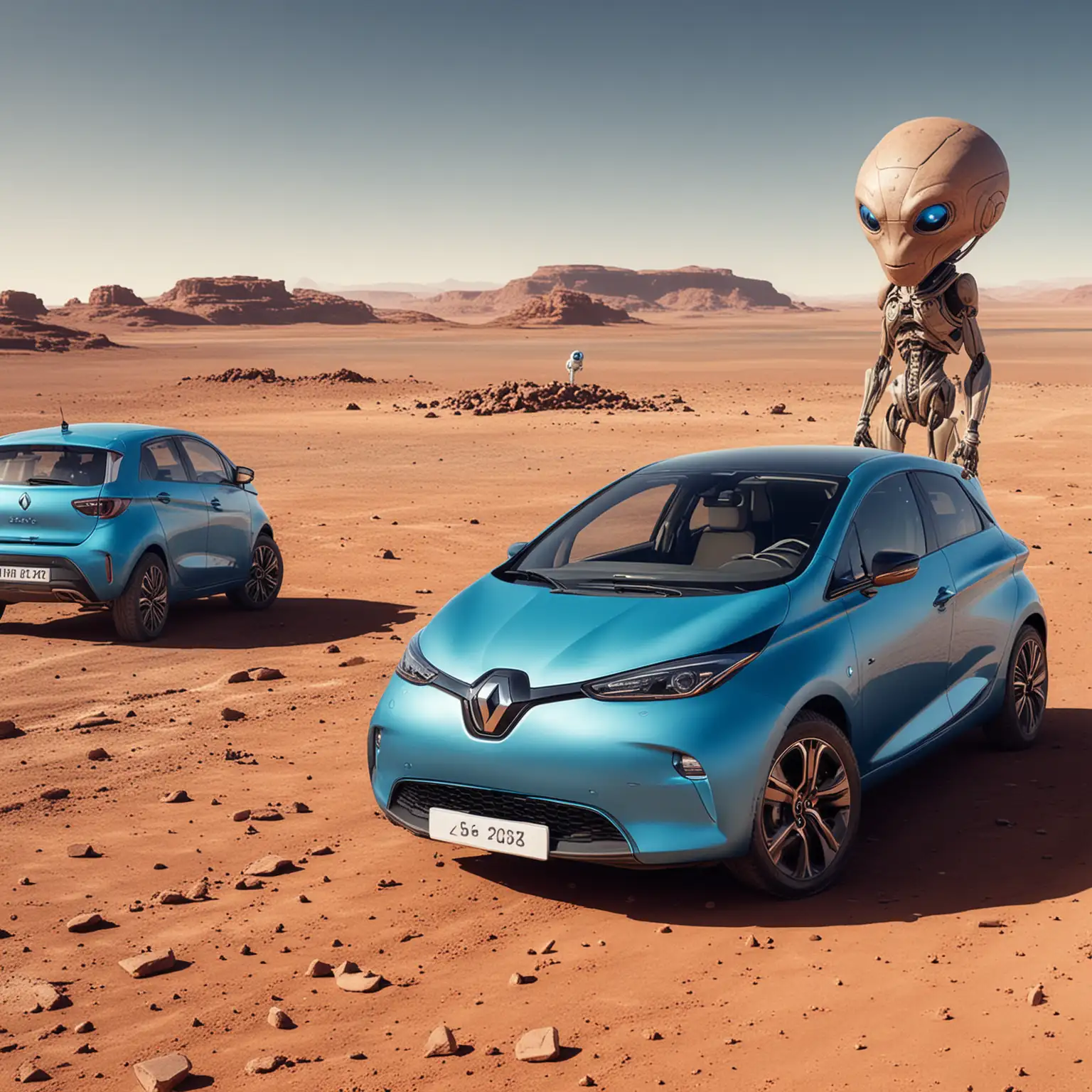 blue renault zoe 2020 on the planet mars and an alien beside