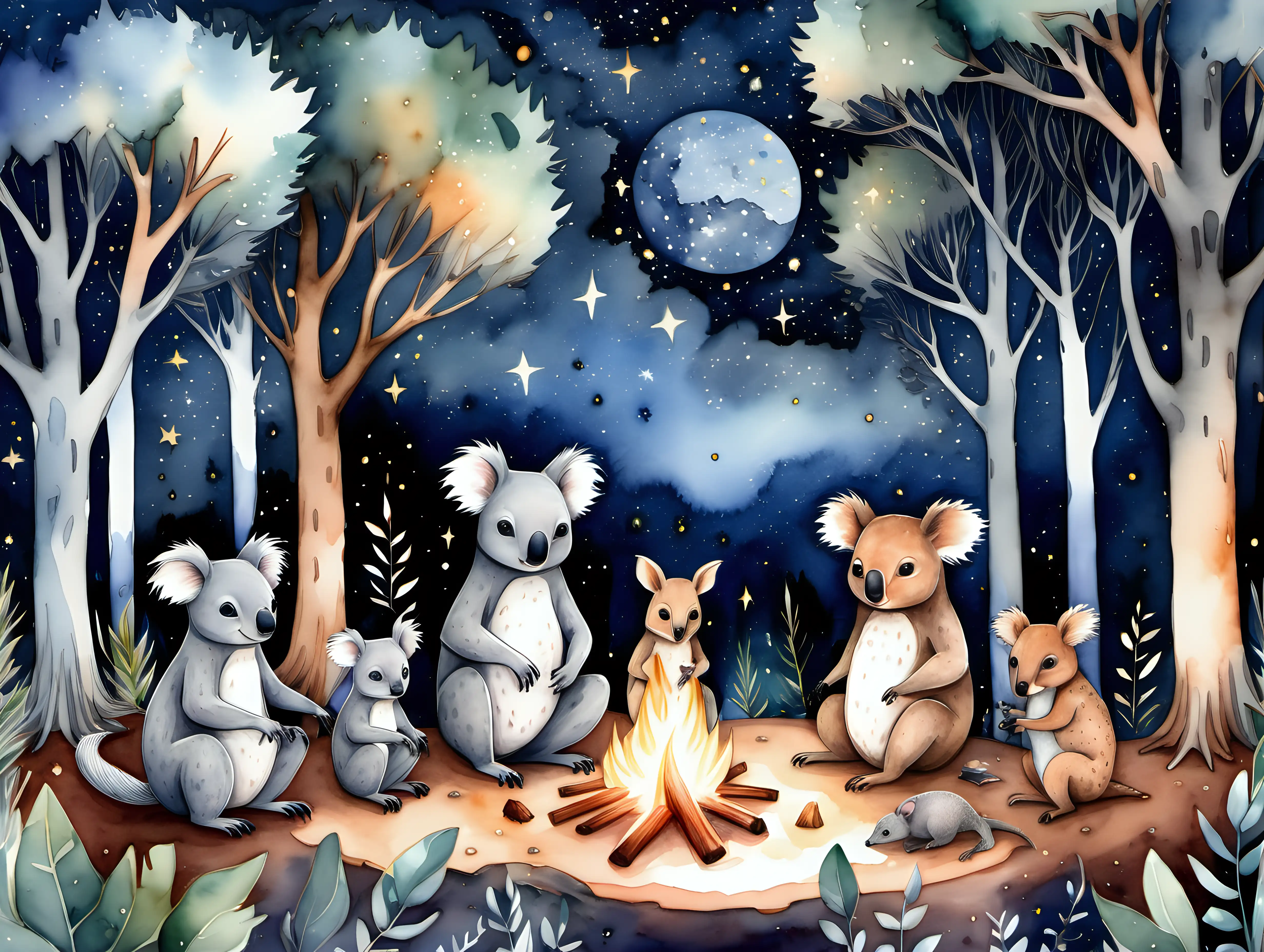 Whimsical Watercolor Cozy Campfire Storytelling with Australian Animal Friends