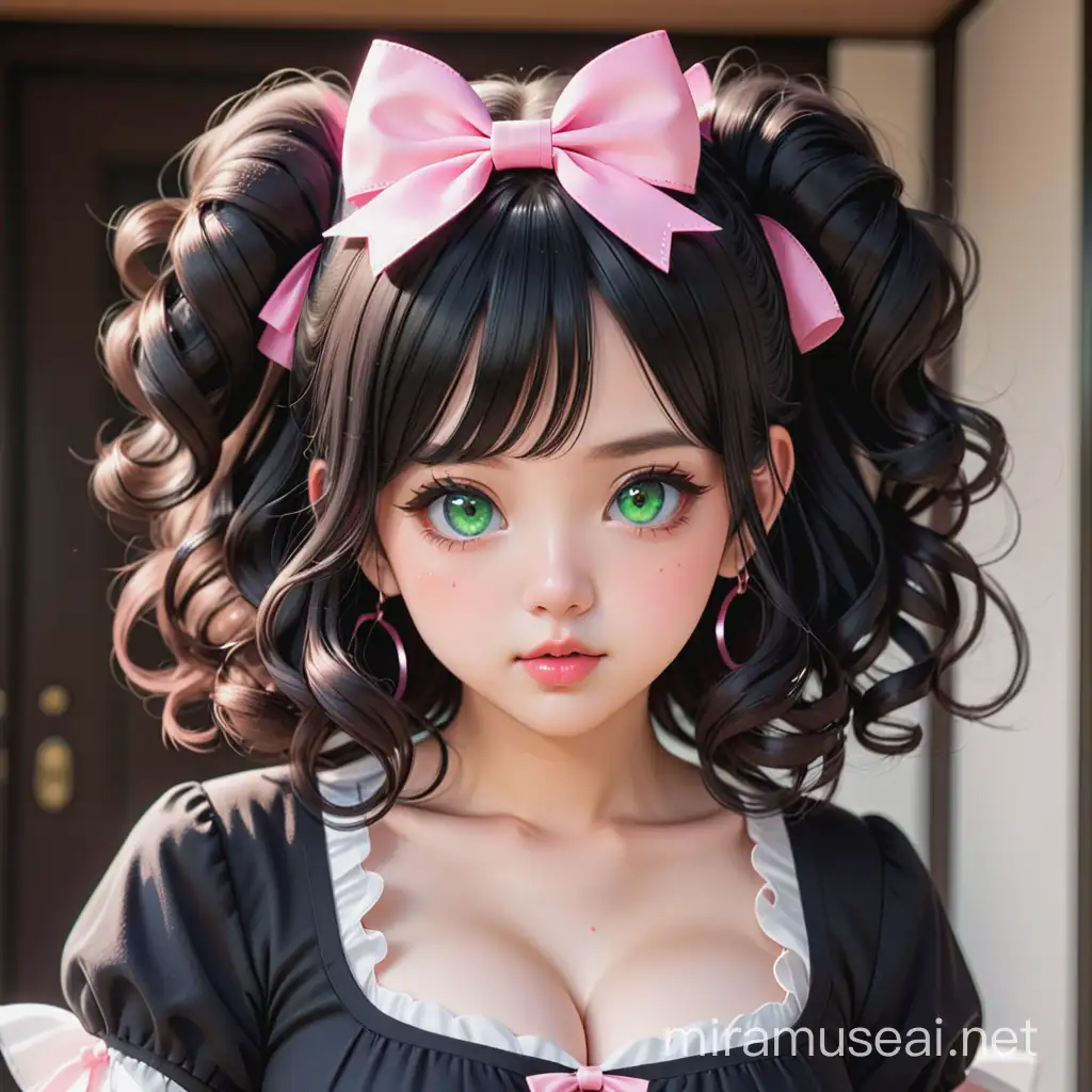 cute , medium black hair Ringlet curls, long bangs, pink bow hair clip on the left side, full breasts, chubby face, anime, short, Japanese , néon green eyes   , small face , pointed thick slashes , big eyes douyin , cute , Rosy cheeks , thick lips , Gap FRONT teeth