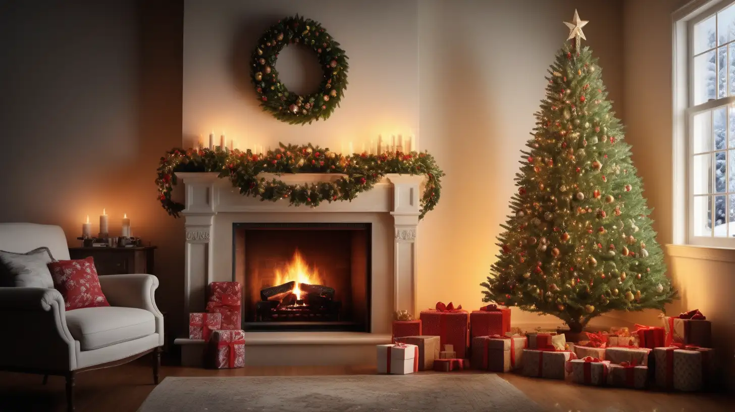 Warm Holiday Ambiance Realistic Christmas Tree by the Fireplace