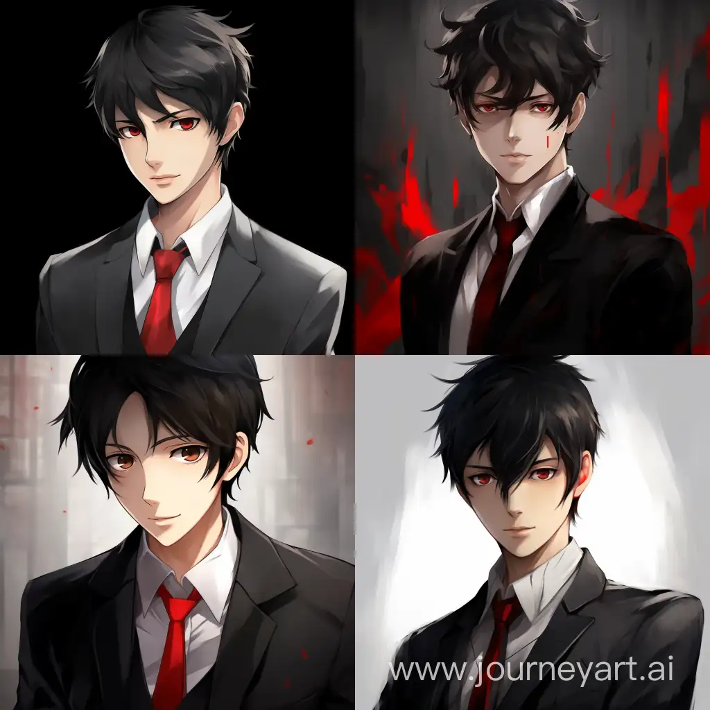 #Anime Young adult, with short, unkempt,black hair and gray eyes.Black suit with a long-sleeved white dress shirt,a crooked red tie #Persona 5 art style #Adachi