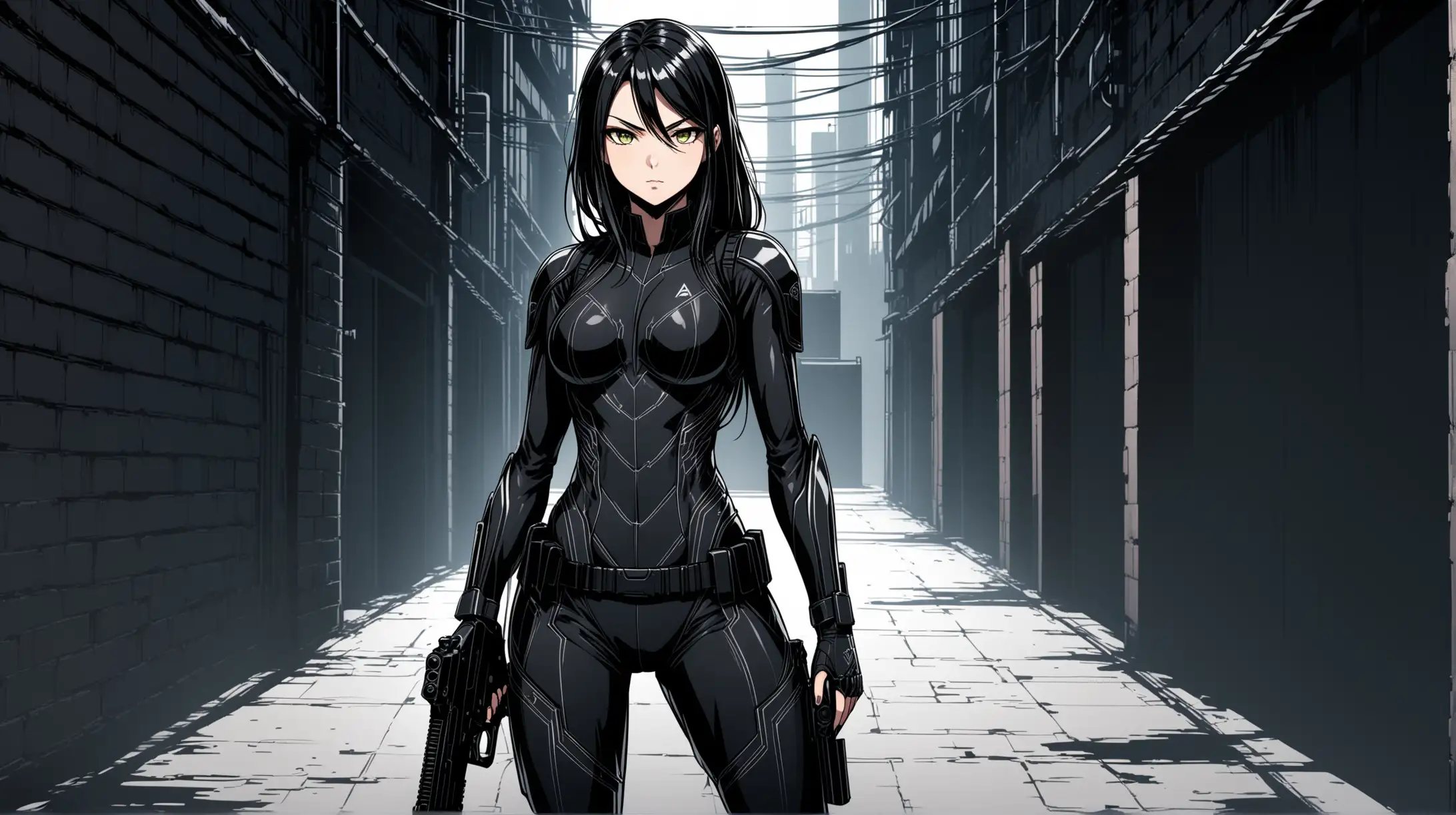 Create an anime-style female assassin character with a sleek black color theme. She has long, flowing black hair and piercing, intense eyes that are a shade of deep charcoal. Her outfit is a form-fitting black stealth suit, adorned with subtle black armor plating for both protection and agility. She wields black dual pistols with sleek, futuristic designs, each engraved with intricate black patterns that give off a subtle glow in low light. Her stance is confident and poised, one hand gripping a pistol while the other rests casually by her side, ready to draw her weapon at a moment's notice. The background is a dark urban alleyway, with shadows enveloping her and emphasizing her stealthy nature.
