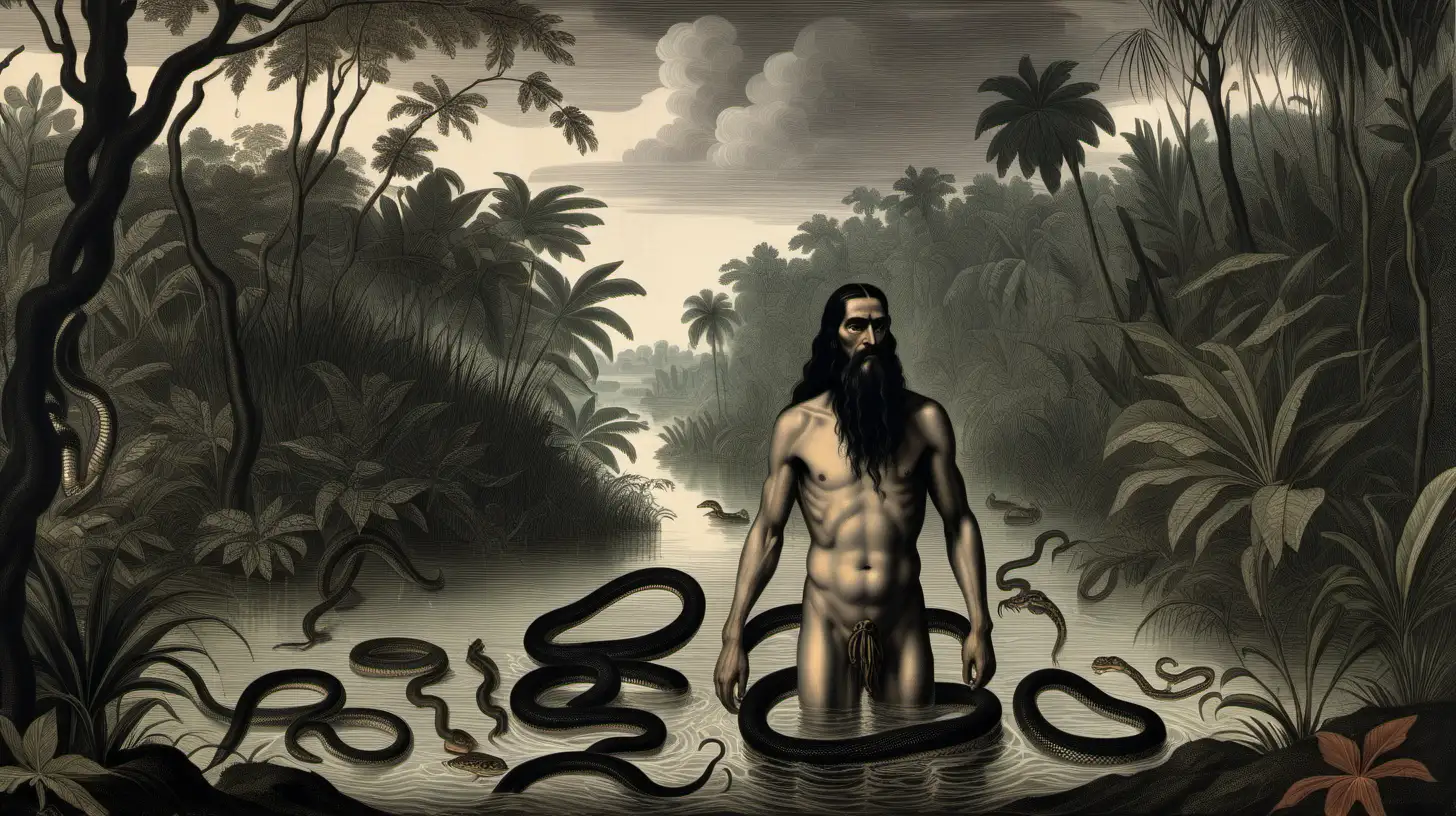 Solitude 16th Century Spanish Man Submerged in Amazon River Amidst Rain