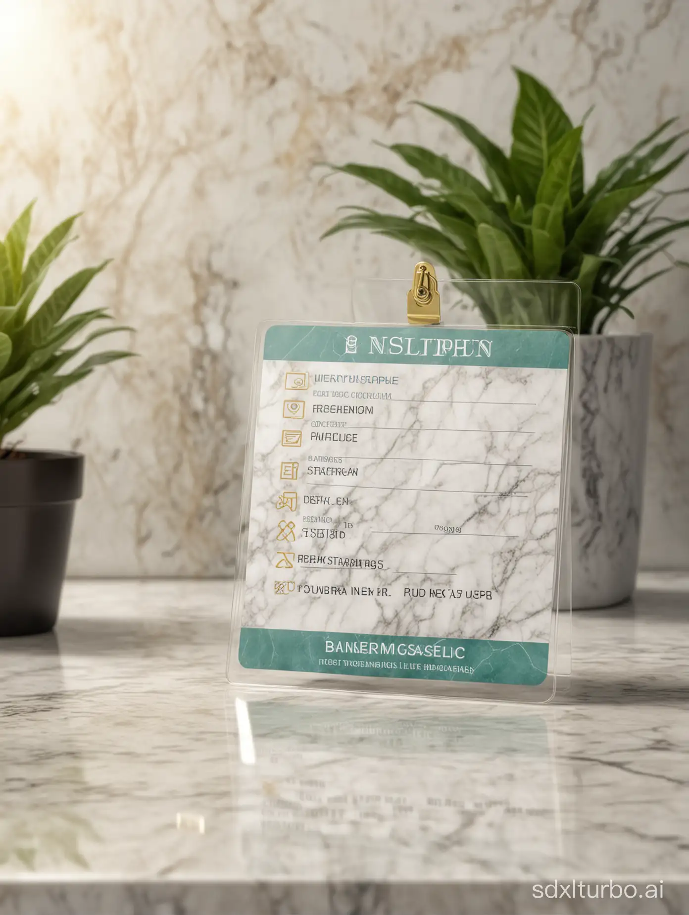 A work ID card set on marble counter, plants, sunlight, oc, hd, hdr