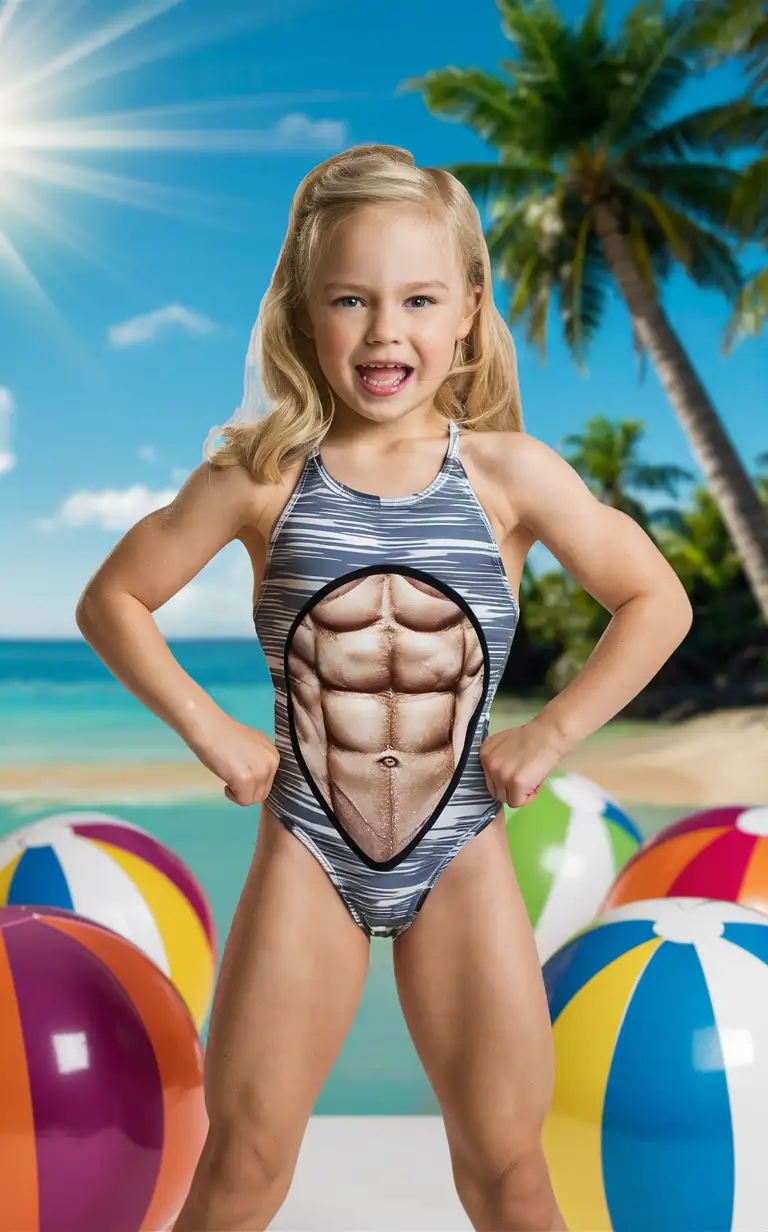 7 years old blond girl, muscular abs, weird bathingsuit