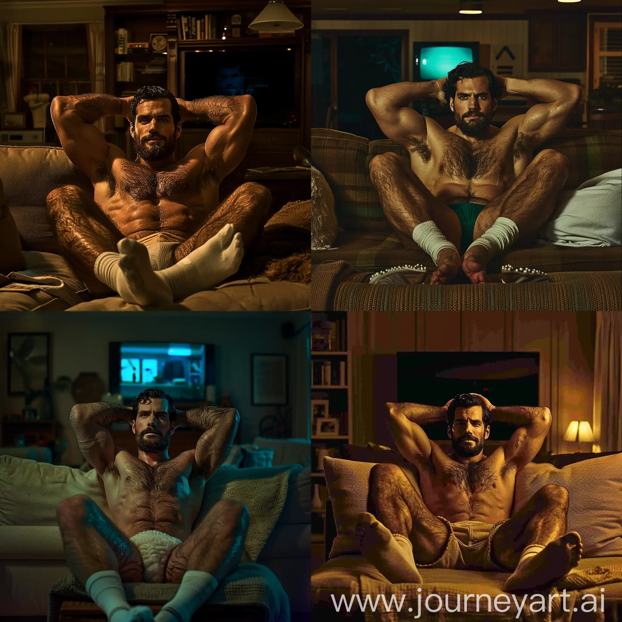 Realistic, cinematic lighting, low lighting at night, handsome burly Henry Cavill sitting on a couch, burly muscular hairy body, hands behind his head, hairy armpits, good looking bearded Henry Cavill face, hairy chest, sweaty glistening skin, sitting on the couch, legs stretched, with his feet on a footstool, wearing white socks, with his big soles on a footstool table, displaying big white sock soles, rich living room background at night, Tv lighting ambient