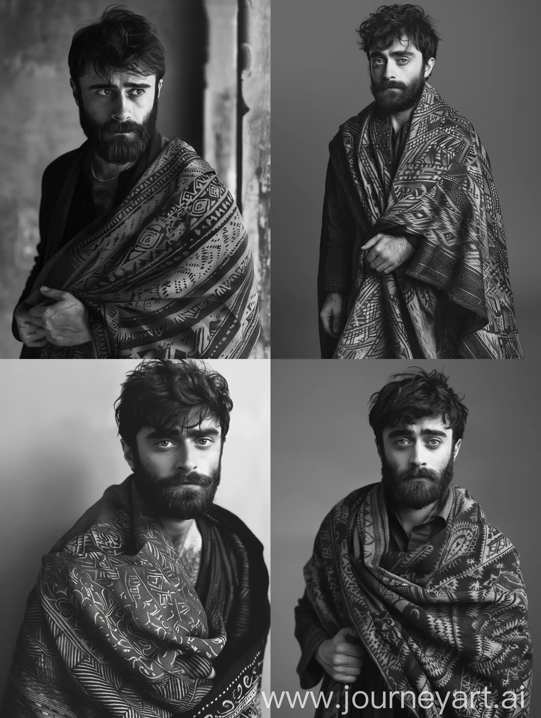 Daniel Radcliffe as a Bengali actor, Satyajit Ray film "Apur Songsar" film hero, wears a Bengali style Punjabi, black and white, full beard look, he is standing with her shawl on ,ultra-realistic,8k
