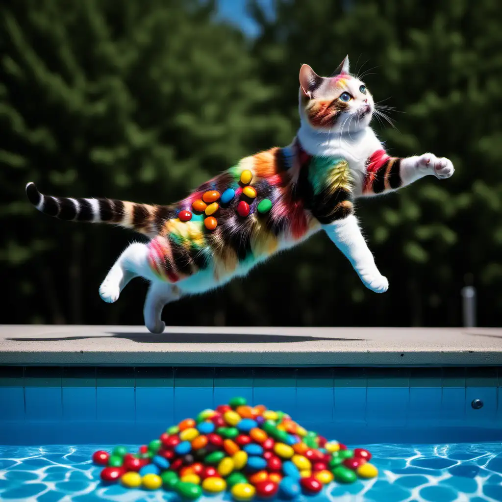 A plaid cat, diving off a div8ng board, into a pool of m&ms