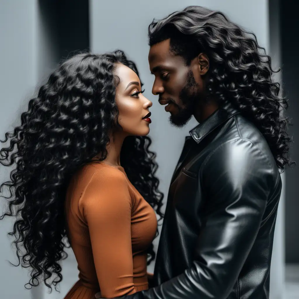 Very attractive black couple,starimg into eachothers eyes with lust,the wokan has long hair,the man has long curly hair,both wearing stylish outfits 