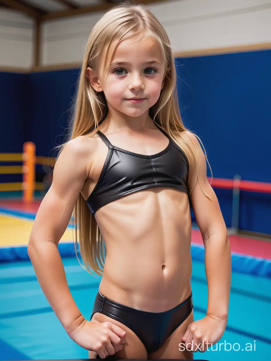 8 years old long blond hair girl, very muscular abs, string leather bathingsuit, at gymnastics