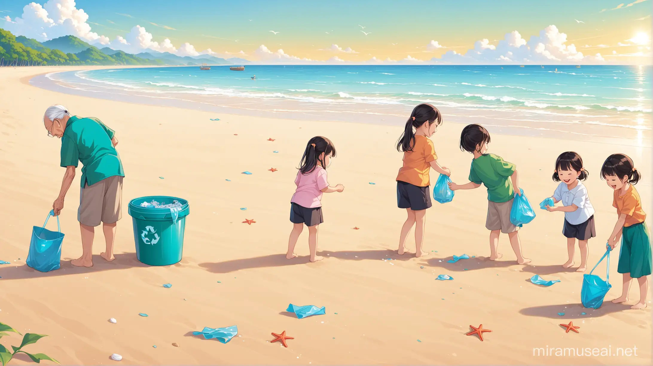 黄种人的几个小朋友，在延绵的海滩上捡垃圾，爷爷奶奶拍手笑。



