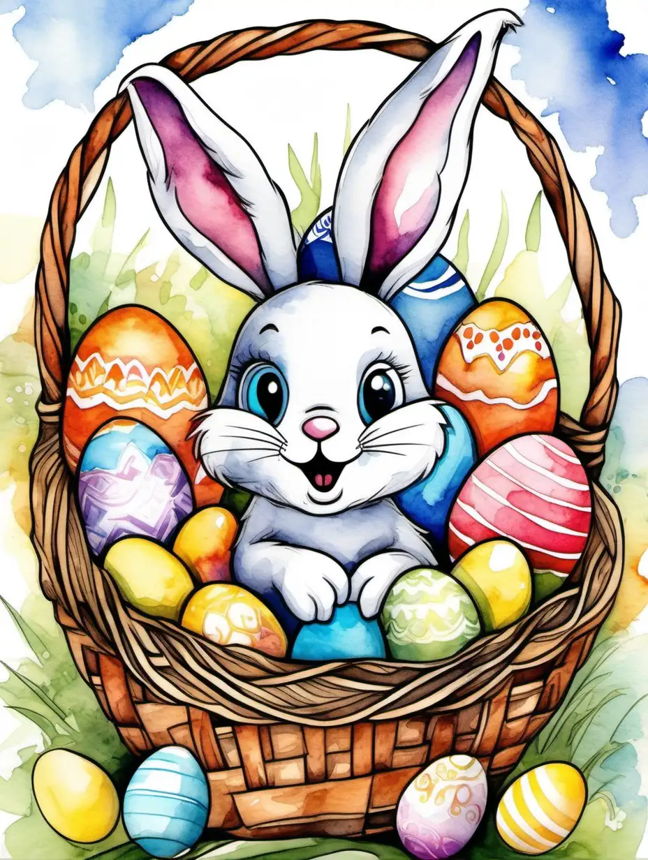Visualize an Easter bunny in a basket, surrounded by eggs adorned with whimsical characters and scenes. Use watercolors to bring out the lively and imaginative details on the eggs, creating a playful and festive atmosphere.