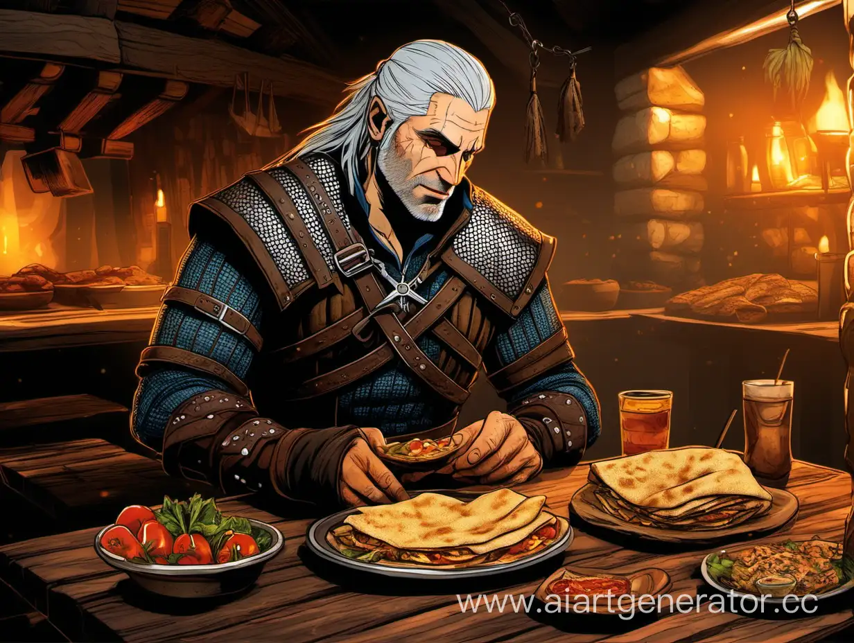 The Witcher Geralt is eating shawarma wrapped in lavash in the tavern, the tavern is cozy,