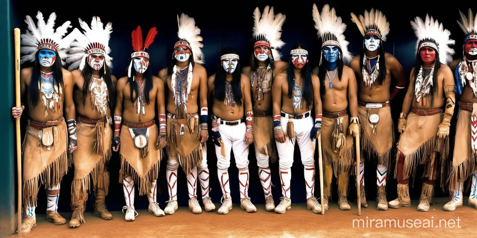 baseball dugout where the players are dressed as native american warriors with warpaint on their faces and bodies