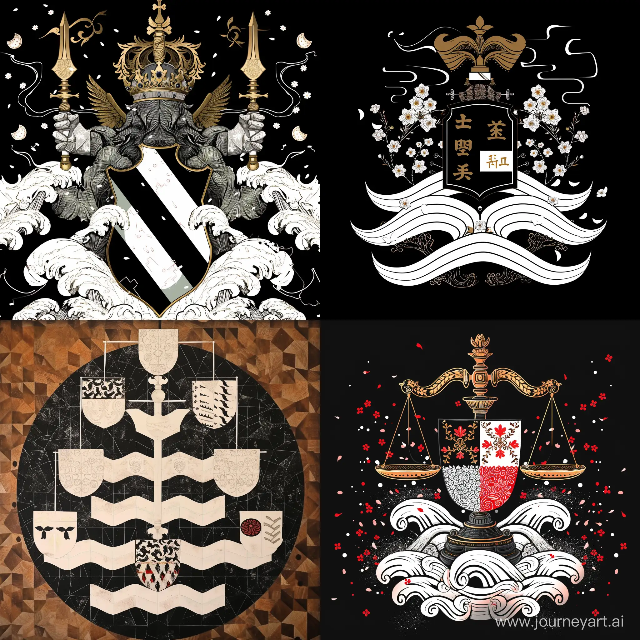 Family coat of arms Kangas Sakura Geometric shapes white black waves Justice Chamomile
