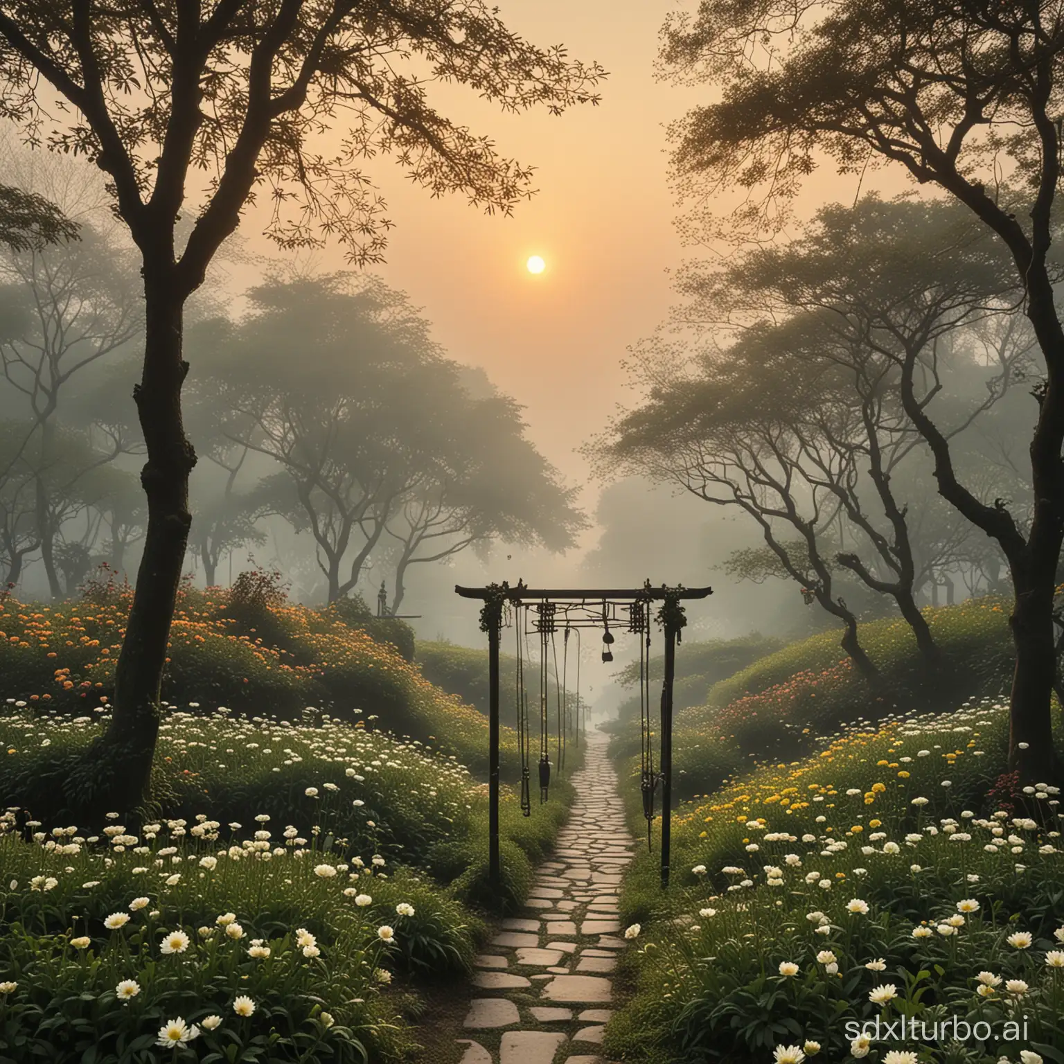 Distant mountains like ink, smoke and mist linger around the green Jiangnan, three paths chrysanthemums gently unfold the traces of my heart's door along the ink fragrance, the pensive woman on the vine swing picks up a moss memory in the sunset's alley, flowing silhouette in the lush season.